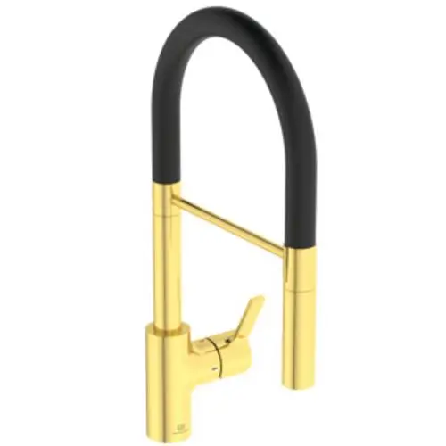 Küchenarmatur in Gold mit hohem, gebogenem Auslauf und schwarzem Griff. Modisches Design von Ideal Standard, geeignet für moderne Küchen.